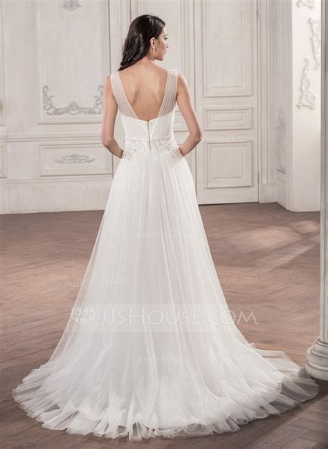 A Lineprincess V Neck Court Train Tulle Wedding Dress With Ruffle Beading Appliques Lace