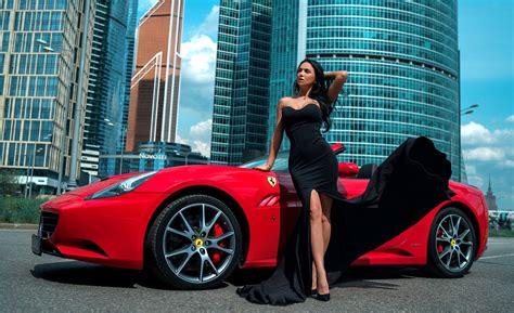 Girls And Cars Hd Black Hair Model Car Red Car Ferrari Woman Black Dress Hd Wallpaper