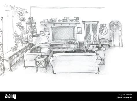 Freehand Sketch Perspective Architectural Drawing Of Living Room