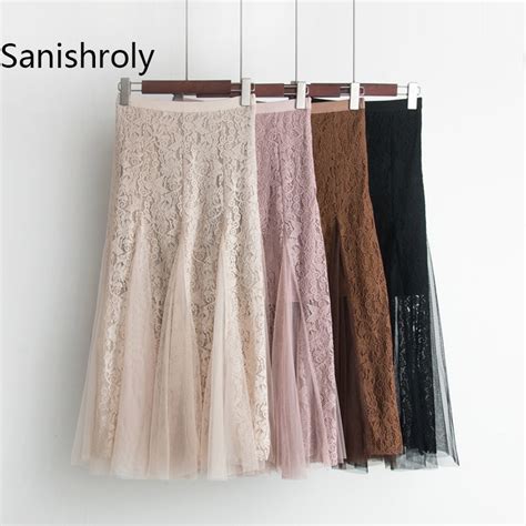 Sanishroly Summer Women Mesh Patchwork Skirt Hollow Out Floral Lace Skirts Female Elastic Empire