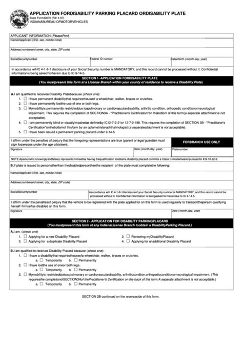Fillable State Form 42070 Application For Disability Parking Placard