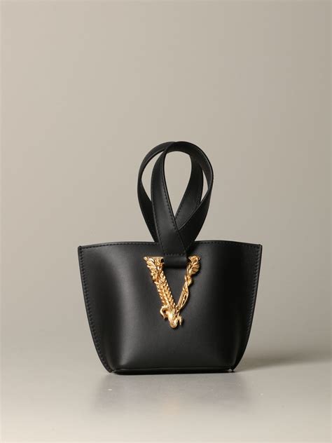 Versace Outlet V Virtus Bucket Bag In Smooth Leather Black Versace