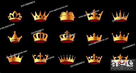 A Set Of Golden Vector King Crowns Icon On Black Background Stock
