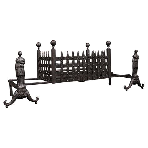 Large Antique Fireplace English Wrought Iron Fire Basket Andirons