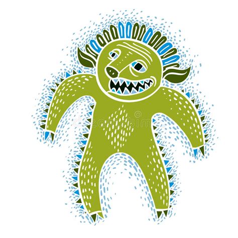 Vector Cool Cartoon Crazy Smiling Green Monster Weird Creature Stock