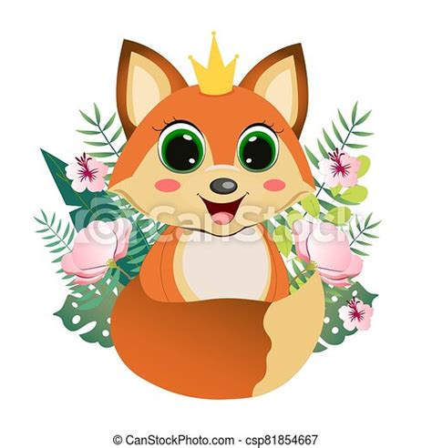 Cute Cartoon Fox With A Crown And Vegetation On A White Background