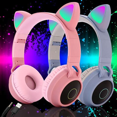 Bluetooth 50 Cat Ear Headphones Foldable On Ear Stereo Wireless Headset With Mic Led Light And