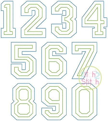 The Numbers Are Made Up Of Green And Blue Stitching With One Number On