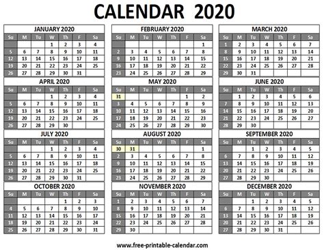 2020 12 Month Calendar Printable