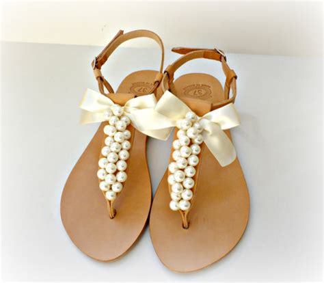 wedding sandals greek leather sandals decorated with white pearls and satin bow bridal party