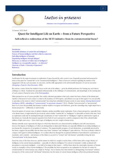 Pdf Quest For Intelligent Life On Earth From A Future Perspective Self Reflexive