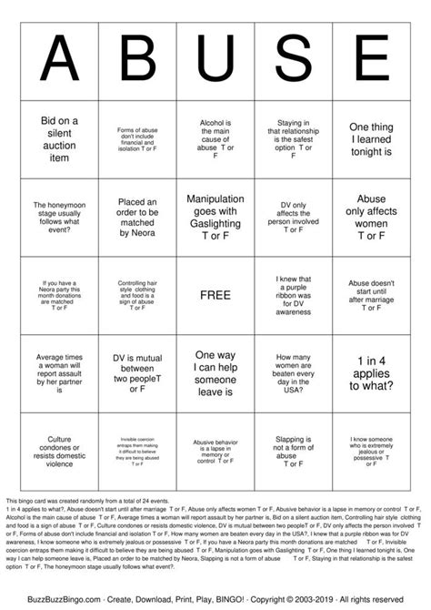 Domestic Violence Bingo Cards To Download Print And Customize
