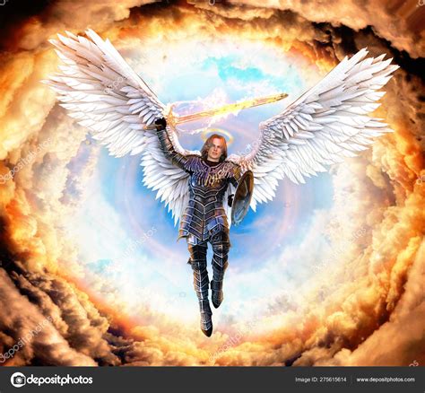 Archangel Michael In Armor With Flaming Sword And Shield Stock Photo By