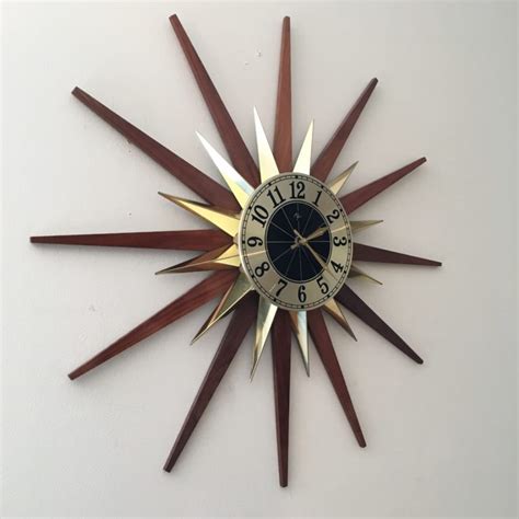 Mid Century Modern Starburst Wall Clock Walnut And Brass Epoch