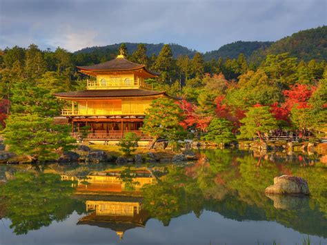 Golden Pavilion Pond Reflection With Autumn Colors At Kinkaku Ji Kyoto