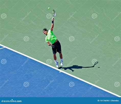 Rafael Nadal Of Spain Hits Serve During Us Open Editorial Stock Photo