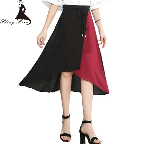 shinymora summer irregular chiffon skirts for women high waist casual spliced mid calf long