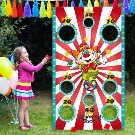 Carnival Clown Toss Game Banner With 3 Bean Bags For Kids And Adults In