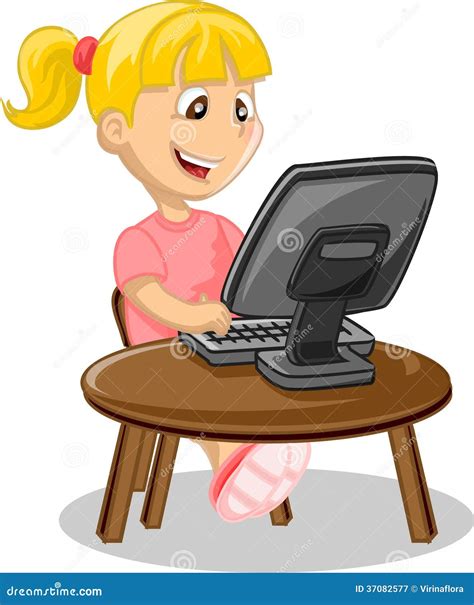 Little Cartoon Girl Using Computer Stock Vector Illustration Of 676