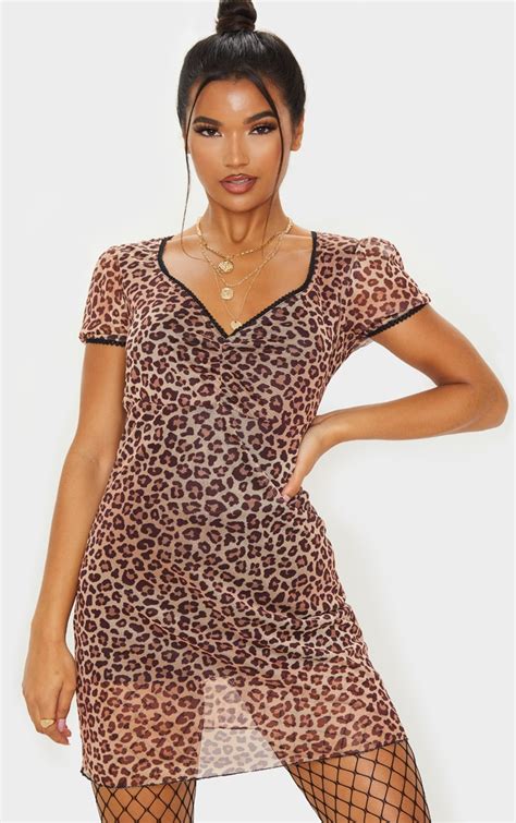 Brown Leopard Print Mesh Ruched Bodycon Dress Prettylittlething Usa
