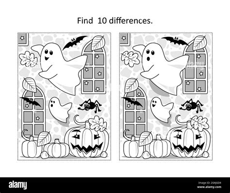 Trouvez 10 Différences Visuel Puzzle Et Coloriage Page Avec Halloween