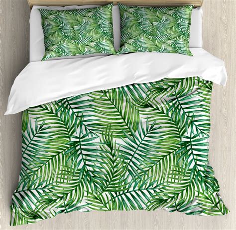 Leaf Duvet Cover Set King Size Watercolor Print Botanical Wild Palm Trees Leaves Ombre Design