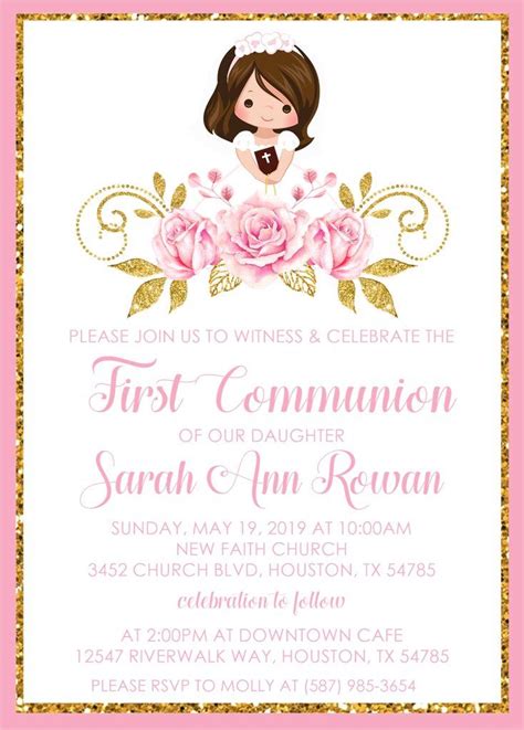 Girls Pink And Gold First Communion Invitations Holy Communion