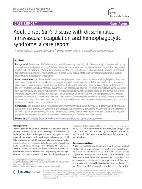 Pdf Adult Onset Stills Disease With Disseminated Intravascular