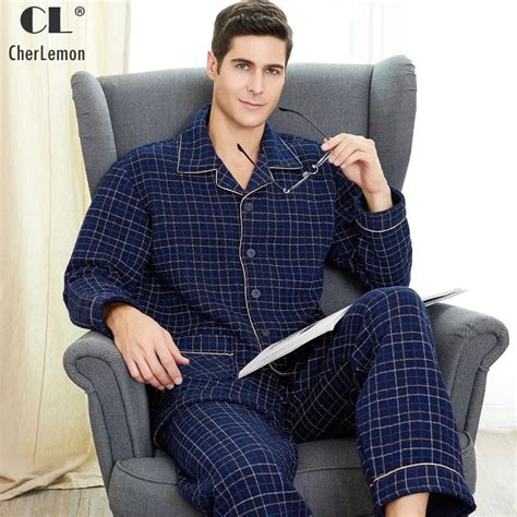 Cherlemon New Mens Plaid Winter Thickened Warm Cotton Pajama Set Classic Notch Collar Long