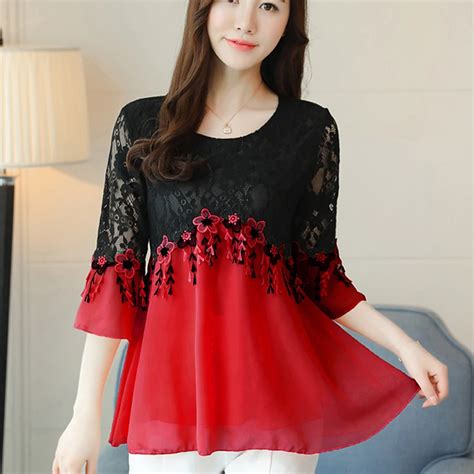 Red Lace Blouse Shirt Mesh Stitching Lace Chiffon Blouse Elegant Female