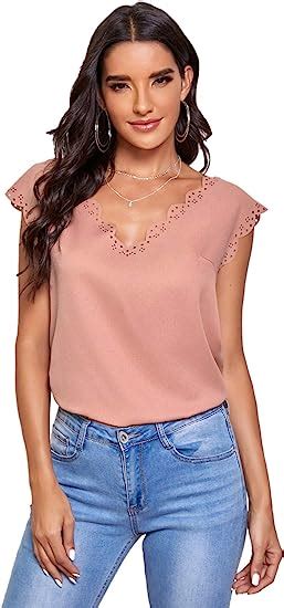 Shein Blusa Para Mujer Cuello En V Manga Casquillo Festoneada Lisa