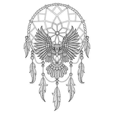 Owl And Dream Catcher Hand Drawn For Adult Coloring Book 9098099 Vector