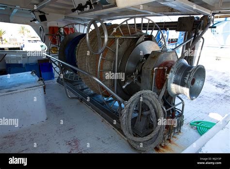 Fishing Trawler Boat Engine Motor Huge Winche On Deck Stock Photo Alamy