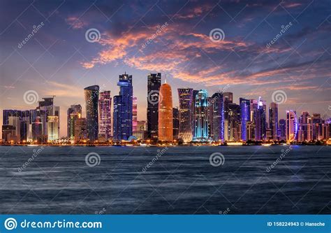 The Illuminated Urban Skyline Of Doha Qatar Stock Image Image Of