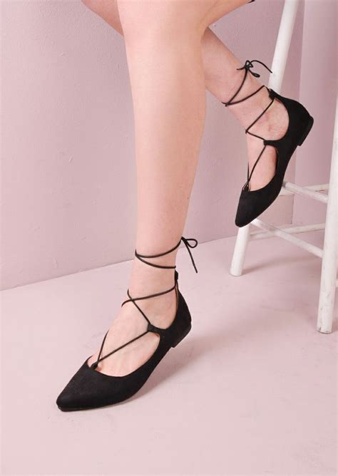 Lace Up Pointed Ballet Closed Toe Flats Black Tie Up Flats Lace Up