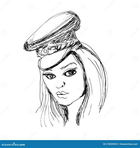 a girl in a military cap a pensive woman a piercing look ink drawing stock illustration