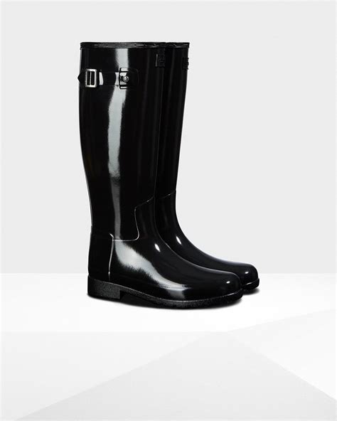 hunter rubber women s original refined tall gloss rain boots in black lyst