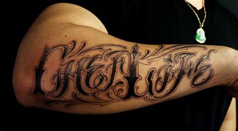 Custom Lettering Chef Life On Outer Forearm Tattoo