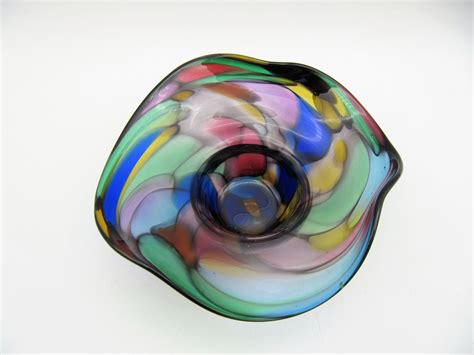 Vintage 55 Hand Blown Art Glass Bowl Multicolored Floppy Etsy Art