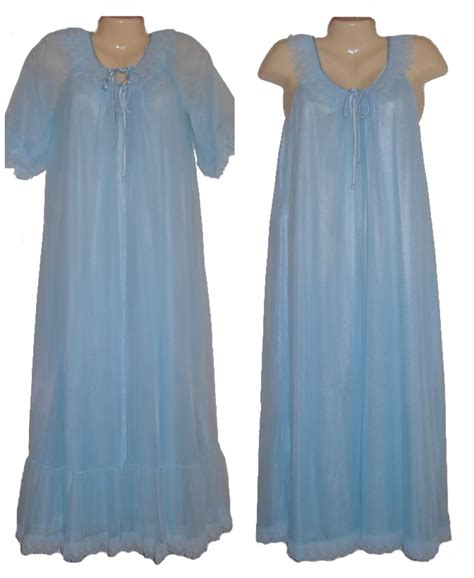 Vintage Nightgown Peignoir Robe Set Tosca Light Blue Sheer Lace 60s