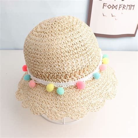 Summer Children Handmade Straw Hat Wide Brim Cute Little Balls Sun Hat