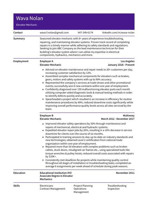 Elevator Mechanic Resume Cv Example And Writing Guide