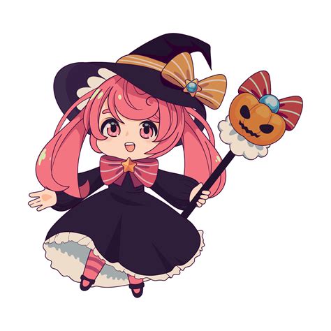Anime Chibi Witch With Pumpkin Wand 11483097 Vector Art At Vecteezy