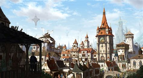 Hd Wallpaper Church Fantasy Art Castle Medieval City Windmill