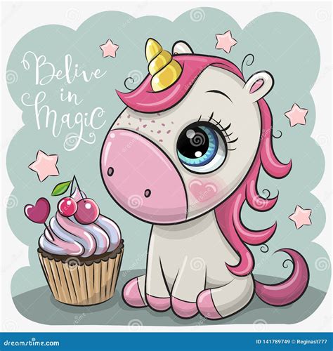 Cartoonl Unicorn With Cupcake On A Blue Background Stock Vector