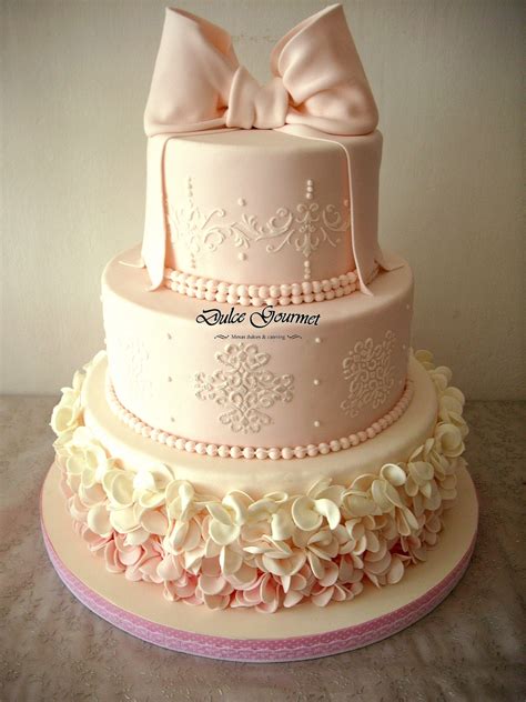 Pink Ombre Baptism Cake Three Tier Cake With Bow In Light Vintage