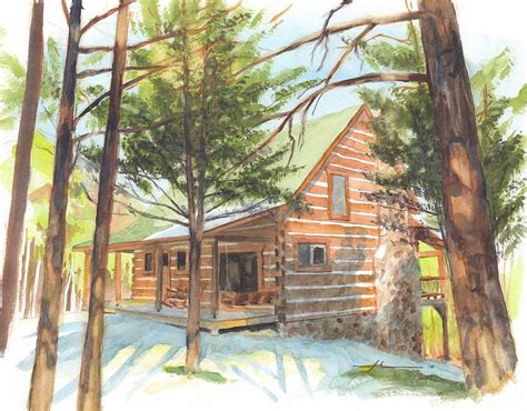 Log Cabin In The Woods Watercolor Portrait Drawing By Mike Theuer Pixels