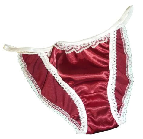 Burgundy Red Shiny Satin Panties Tanga String Bikini Ivory Lace Made In France 1399 Picclick