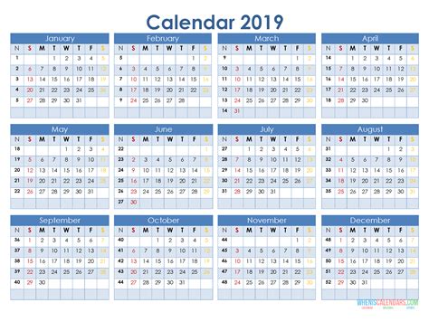 2019 12 Month Calendar Template In A One Page Printable Calendar