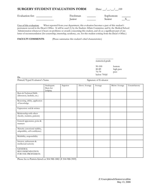 Student Evaluation Form In Word And Pdf Formats